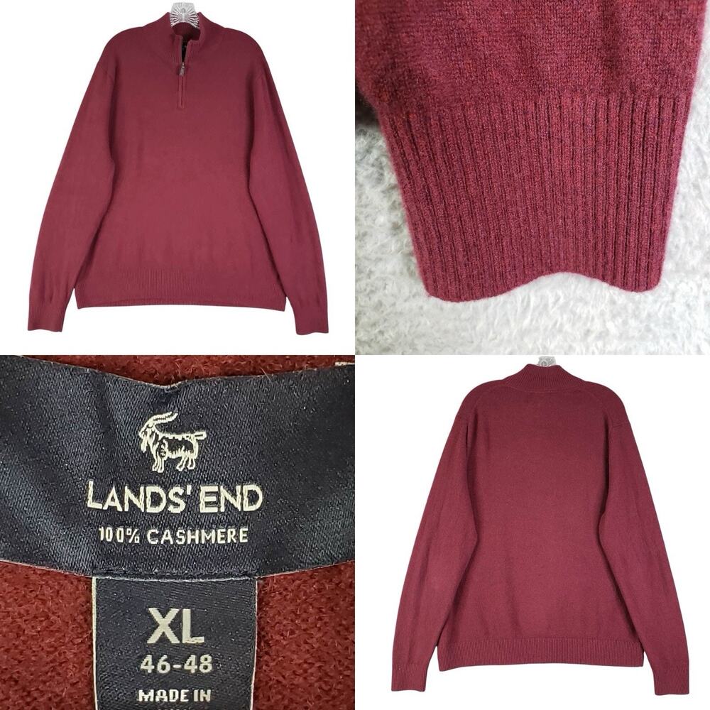 Lands End Sweater Men’s Size XL Red Burgundy Cashmere Pullover Zip Flaw